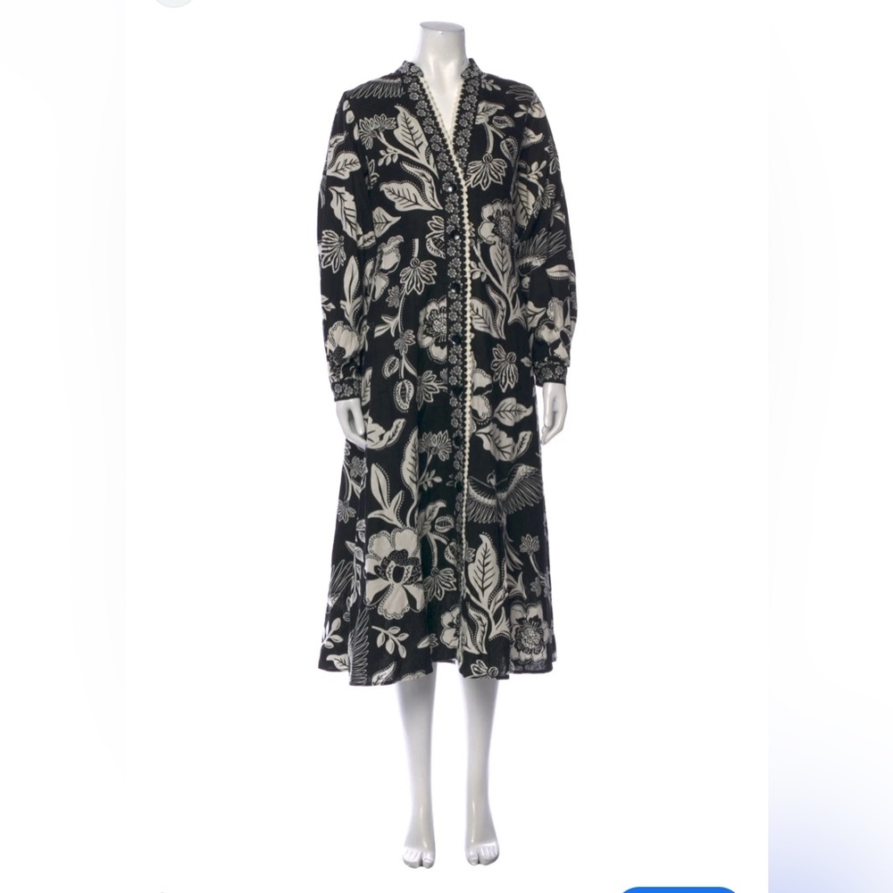 Christian Lacroix Black and White Floral Long-Sleeve Midi Dress
